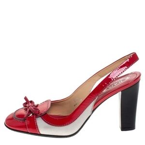 Tod's Red Patent Leather and Fabric Bow Slingback Sandals